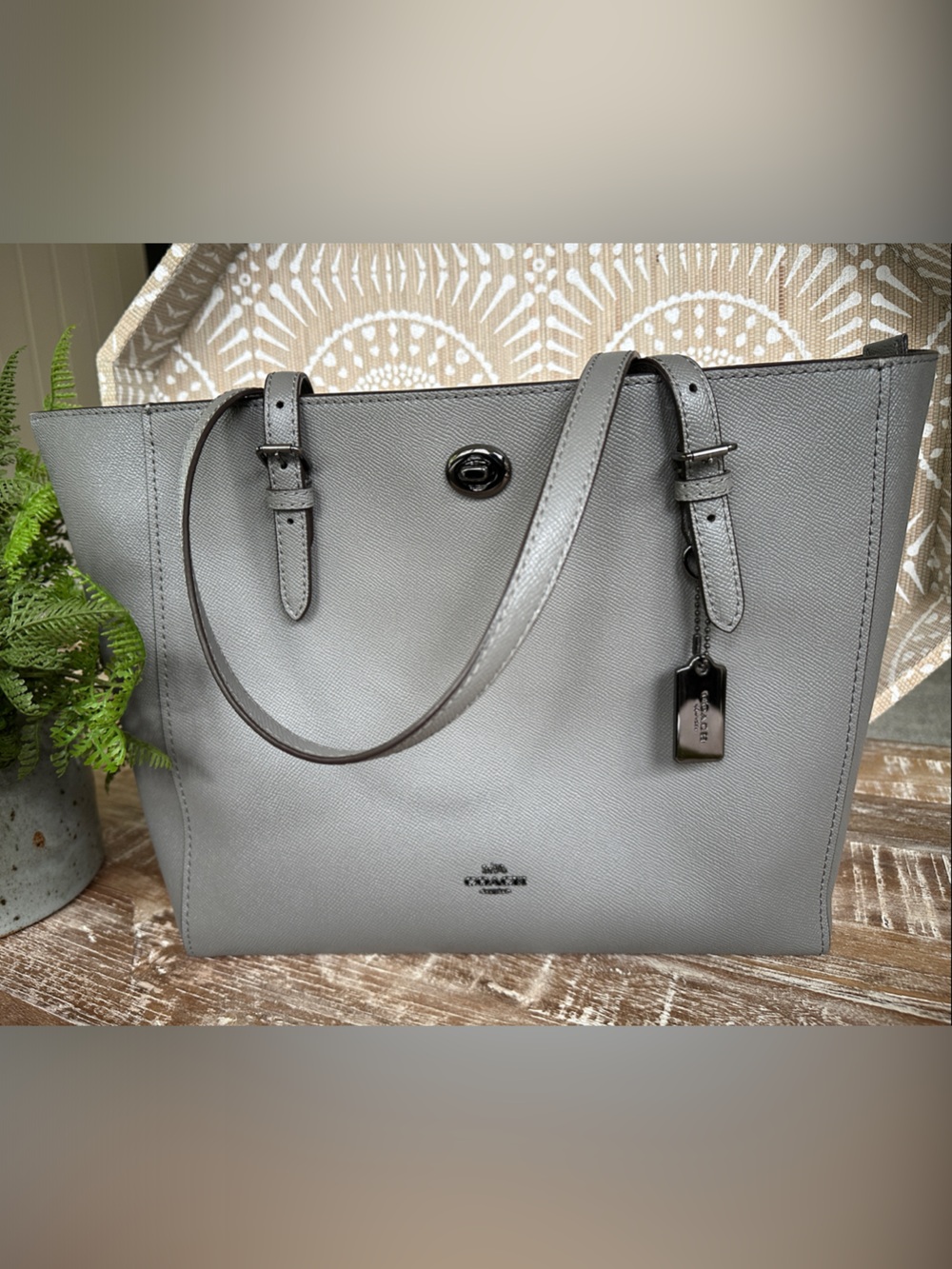Coach Gray Leather Tote with Turn-Lock and Tag plus Zipper closure